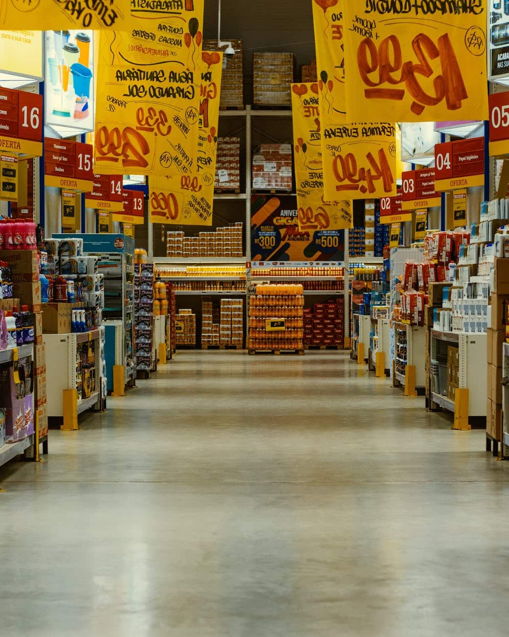cut price signs on products inside a depot