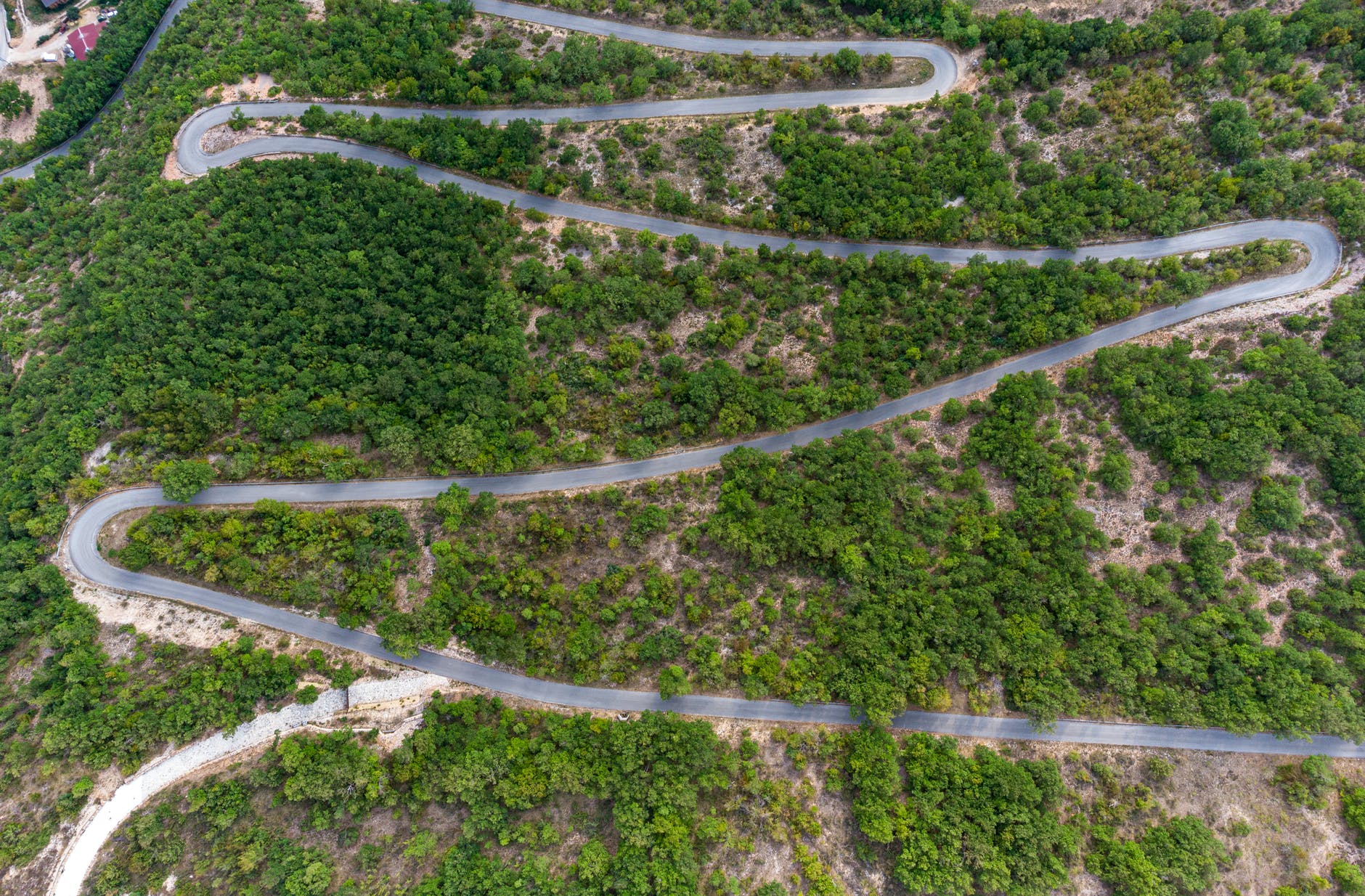 aerial footage of zigzag roadway between trees